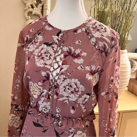 BARDOT Hazel Floral Long Sleeve Ruffle Cut Out Mini Dress Size 8 - Picture 4 of 12